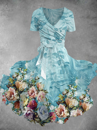 Blue Floral Art Print Retro V-Neck Short Sleeve Two Piece Midi Dress