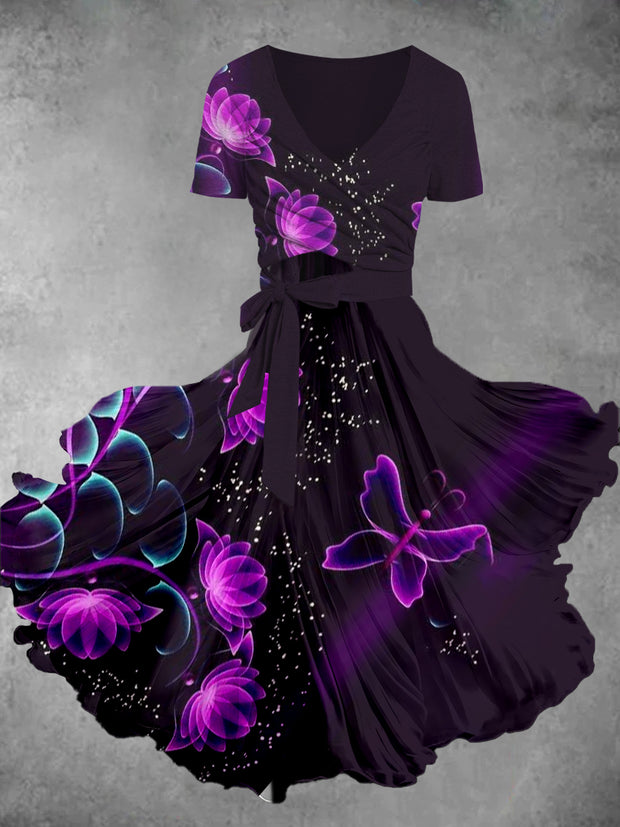 Purple Butterfly Floral Art Print Vintage V-Neck Short Sleeve Two Piece Midi Dress