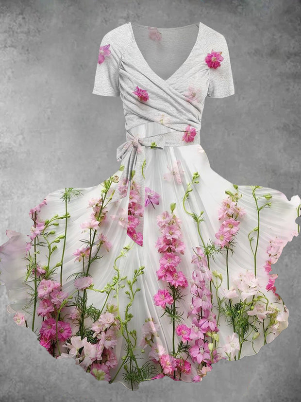 Floral Art Print Vintage V-Neck Short Sleeve Two Piece Midi Dress