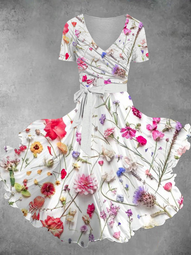 Floral Art Print Retro V-Neck Short Sleeve Two Piece Midi Dress
