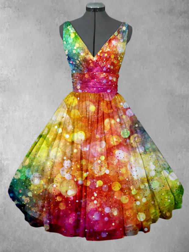 Abstract Colorful Glitter Print V-Neck 50's Vintage Fashion Sleeveless Midi Dress