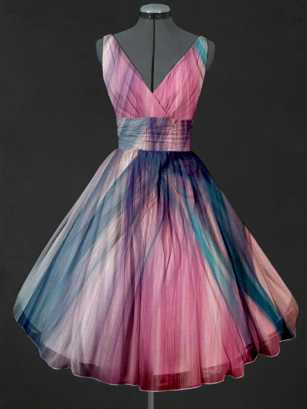Artistic Color Print V-Neck 50's Vintage Fashion Sleeveless Midi Dress