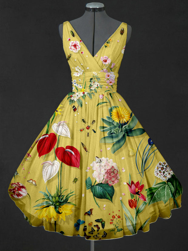 Yellow Floral Art Print V-Neck 50's Vintage Fashion Sleeveless Midi Dress