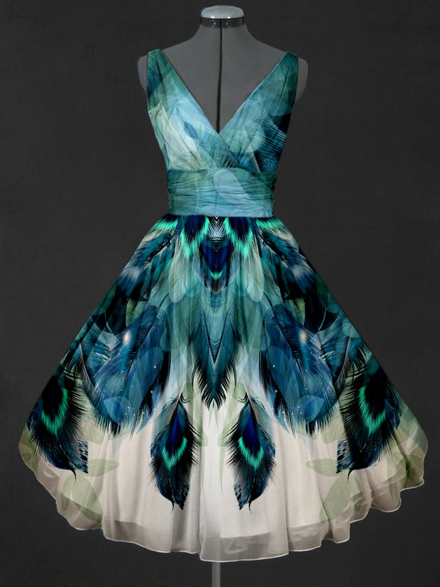 Peacock Feather Art Print V-Neck 50's Vintage Fashion Sleeveless Midi Dress