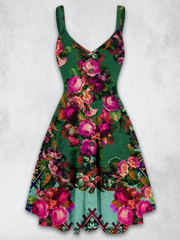 Paisley Floral Design Printed Vintage V-Neck Strap Sleeveless Button Trim Midi Dress