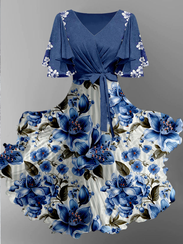 Retro Floral Print V-Neck Vintage Chic Short Sleeve Midi Dress
