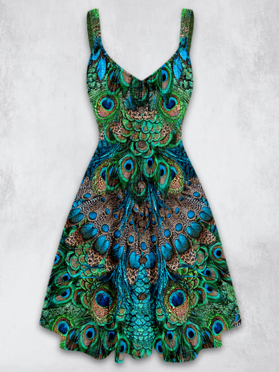 Elegant Peacock Printed Vintage V-Neck Strap Sleeveless Button Trim Midi Dress