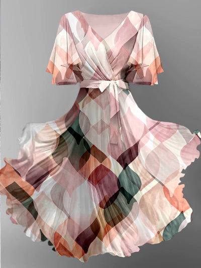 Abstract Color Print V-Neck Vintage Chic Short Sleeve Midi Dress