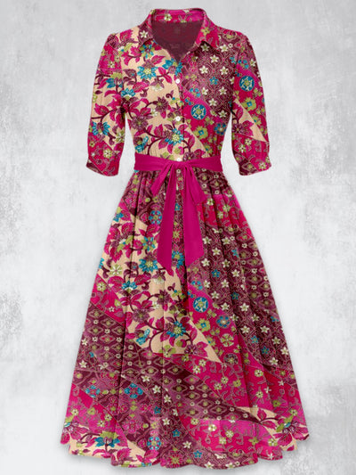 Paisley Floral Print Vintage 50's Short Sleeve Lapel Collar Maxi Dress