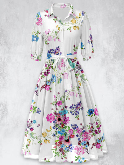 Floral Print Vintage 50's Short Sleeve Lapel Collar Maxi Dress