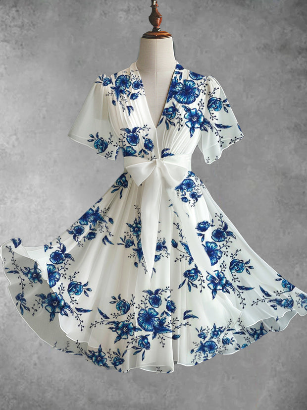 Blue Floral Art Print V-Neck Elegant Chic Short Sleeve Flowy Midi Dress