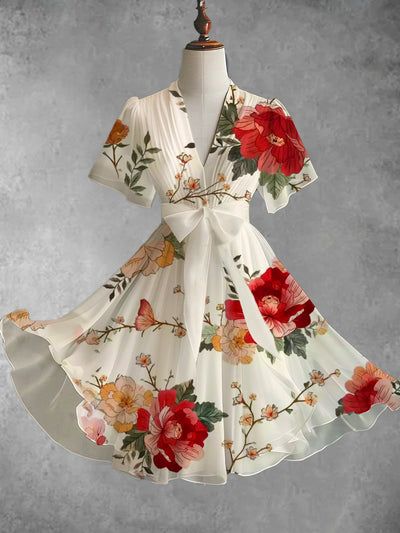 Vintage Floral Art Print V-Neck Elegant Chic Short Sleeve Flowy Midi Dress