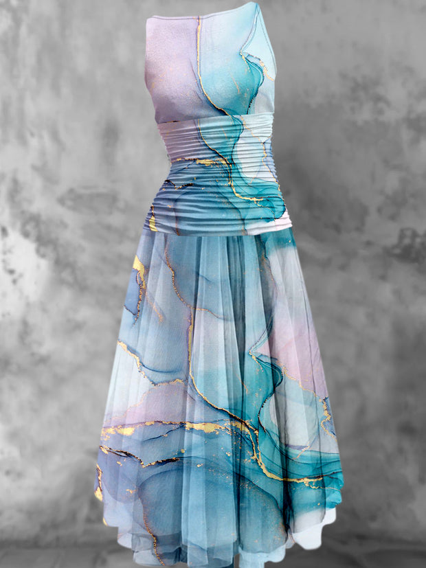 Abstract Color Print 50's Elegant Chic Chiffon Sleeveless Midi Dress