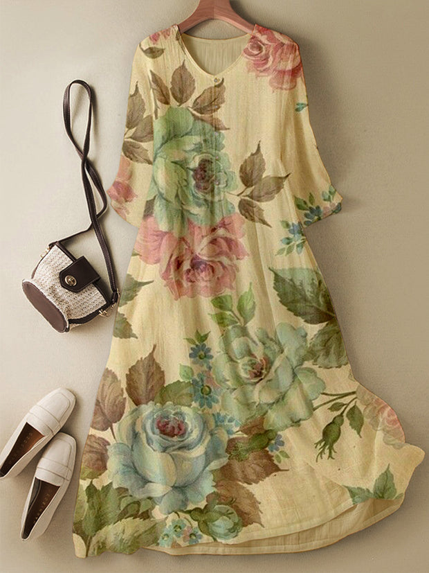 Retro Leaf Floral Printed V Neck Vintage Elegant Long Sleeve Midi Dress