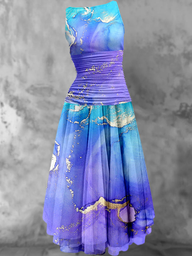 Abstract Color Print 50's Elegant Chic Chiffon Sleeveless Midi Dress
