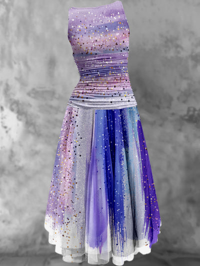 Abstract Glitter Print 50's Elegant Chic Chiffon Sleeveless Midi Dress
