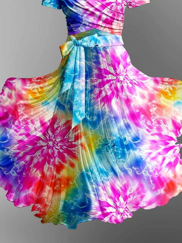 Retro Tie-Dye Printed Vintage Cross Fold Short Sleeve Two-Piece Midi Dress
