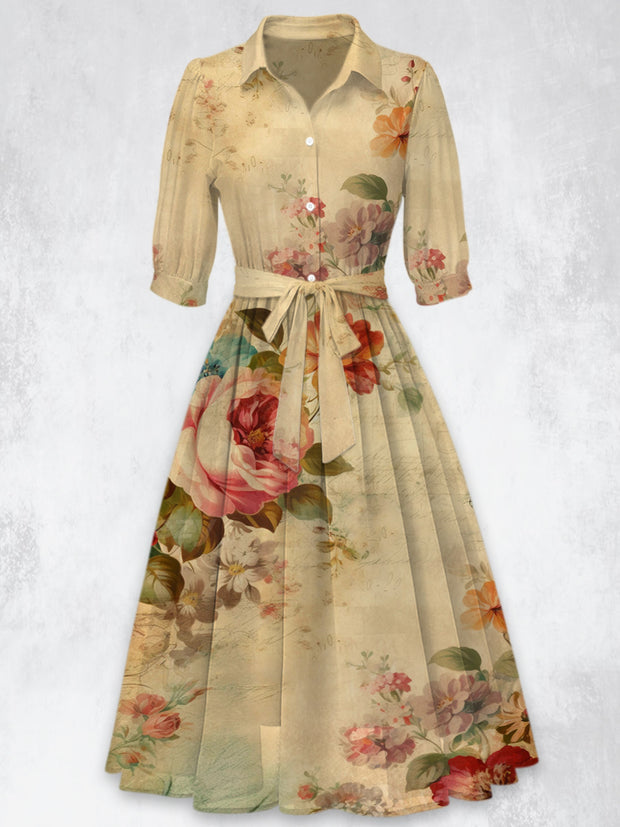 Retro Floral Printed Vintage 50's Belt Short Sleeve Lapel Collar Maxi Dress