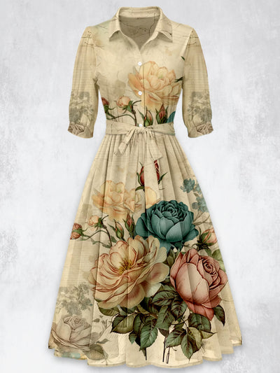 Retro Floral Printed Vintage 50's Belt Short Sleeve Lapel Collar Maxi Dress