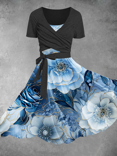 Retro Leaf Floral Printed Vintage Cross Fold Short Sleeve Two-Piece Midi Dress