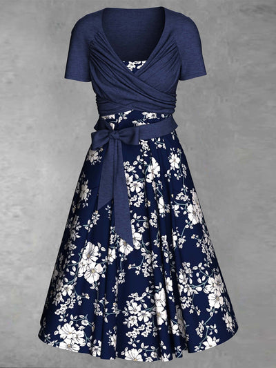 Retro Leaf Floral Print Vintage V-Neck Short Sleeve Two-Piece Midi Dress