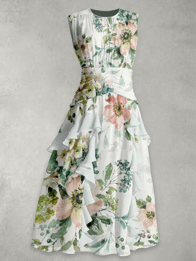 Retro Floral Print 50's Elegant Chic Chiffon Sleeveless Maxi Dress