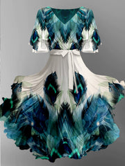 Peacock Feather Print V-Neck Vintage Chic Short Sleeve Midi Dress