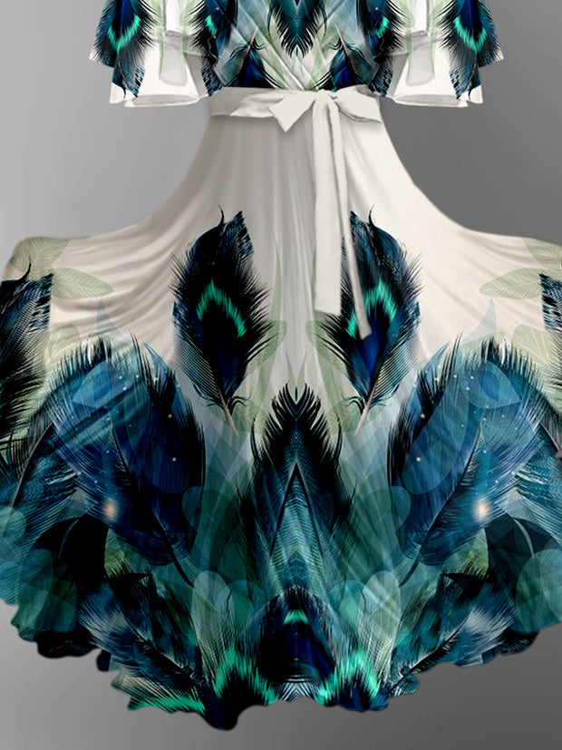Peacock Feather Print V-Neck Vintage Chic Short Sleeve Midi Dress