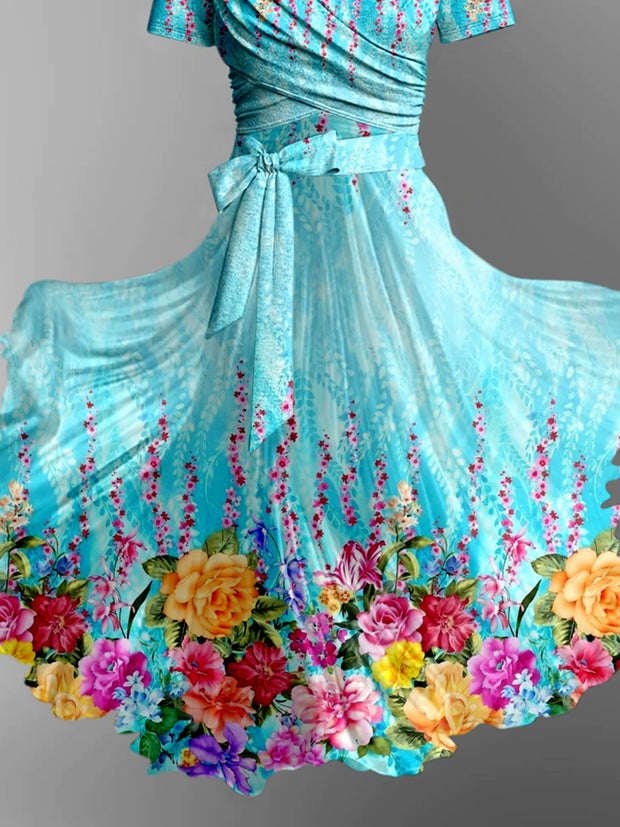 Retro Floral Printed Vintage Cross Fold Short Sleeve Two-Piece Midi Dress