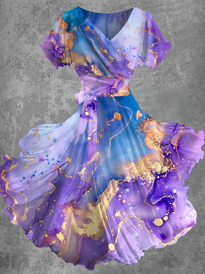 Gradient Marble Art Print V-Neck Short Sleeve Flowy Midi Dress