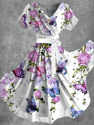 Vintage Floral Art Print V-Neck Chiffon Chiffon Cross-Pleated Short-Sleeve Flowy Midi Dress