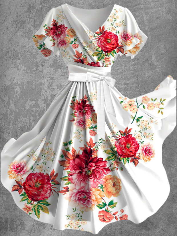 Vintage Floral Art Print V-Neck Chiffon Chiffon Cross-Pleated Short-Sleeve Flowy Midi Dress