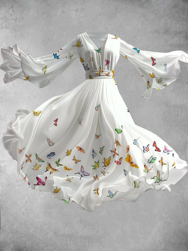 White Butterfly Art Print V-Neck Long Sleeve Flowy Midi Dress