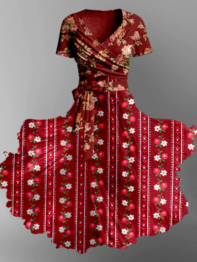 Boho Paisley Floral Print V-Neck Short Sleeve Two-Piece Midi Dress