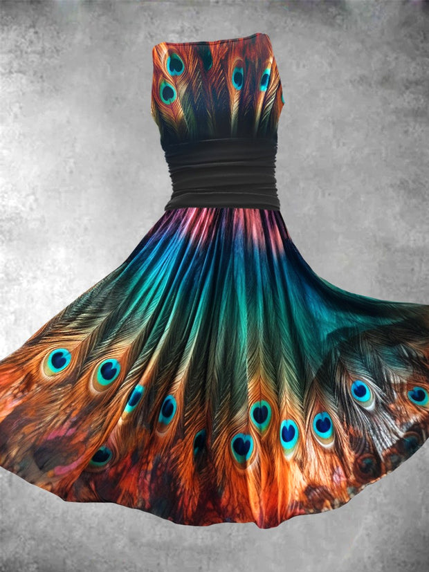 Peacock Feather Print Vintage Sleeveless Midi Dress