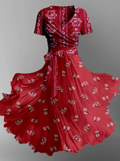 Boho Paisley Floral Print V-Neck Short Sleeve Two-Piece Midi Dress