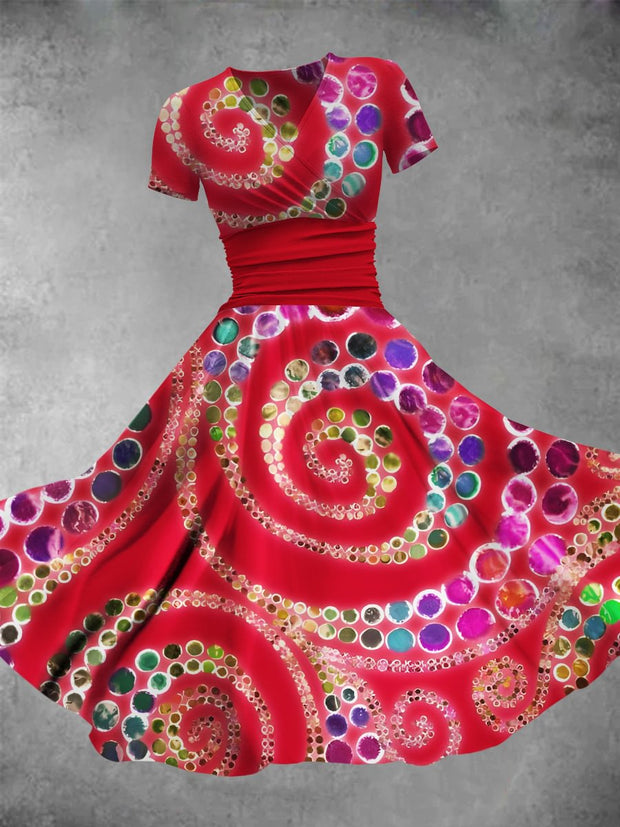 Abstract Print V-Neck Vintage Short Sleeve Midi Dress