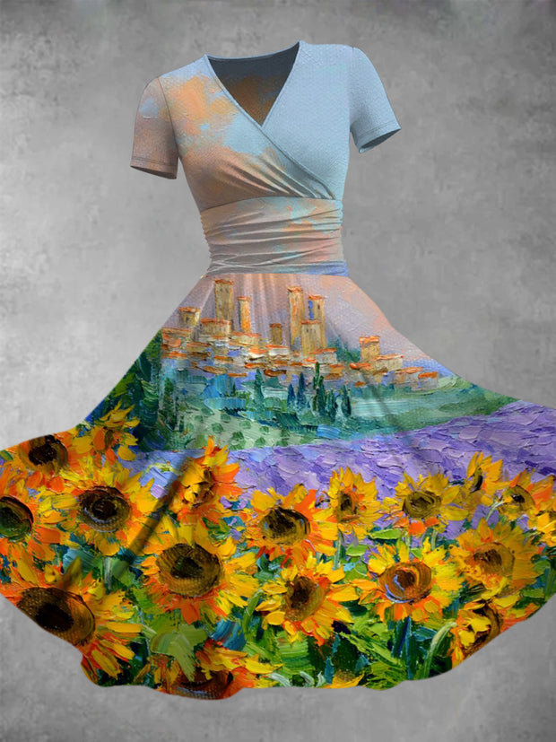 Sunflower Print V-Neck Vintage Short Sleeve Midi Dress