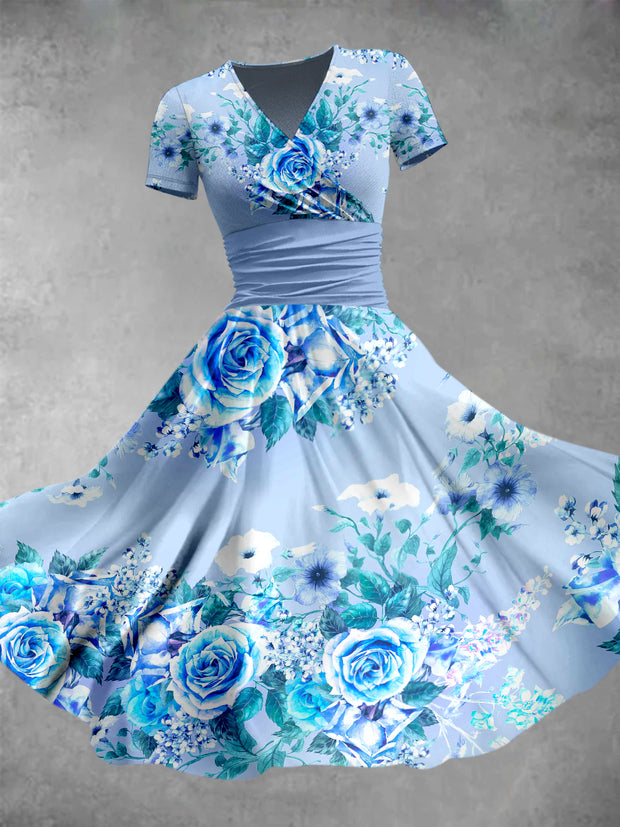Blue Floral Print V-Neck Vintage Short Sleeve Midi Dress