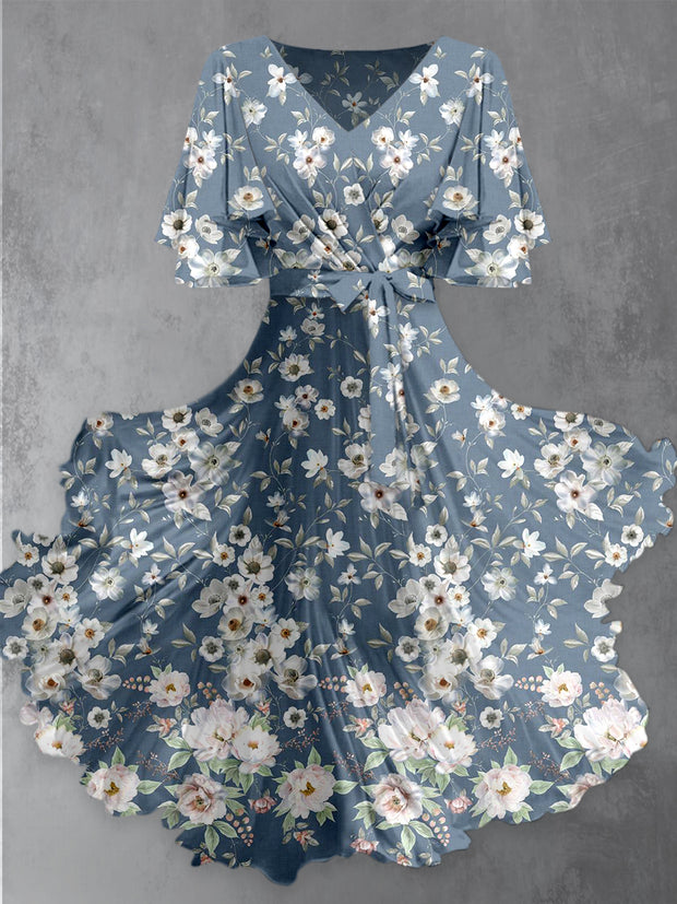 Retro Floral Print V-Neck Chic Short Sleeve Midi Dress