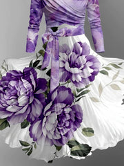 Retro Leaf Floral Printed Vintage Cross Fold Long Sleeve Two-Piece Midi Dress