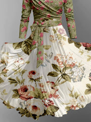 Retro Leaf Floral Printed Vintage Cross Fold Long Sleeve Two-Piece Midi Dress