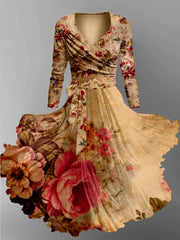 Boho Paisley Floral Printed Vintage Cross Fold Long Sleeve Two-Piece Midi Dress