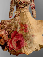 Boho Paisley Floral Printed Vintage Cross Fold Long Sleeve Two-Piece Midi Dress