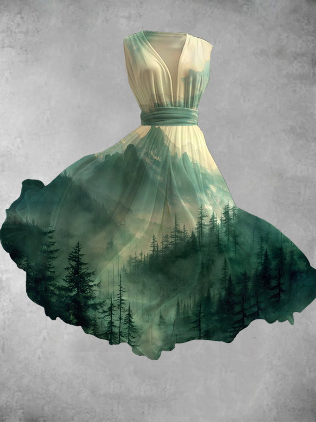 Nature Forest Art Print V-Neck Sleeveless Flowy Dress