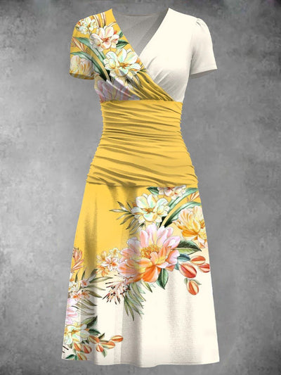 Women's Vintage V-Neck Floral Art Print Casual Short Sleeve Elegant Midi Dress