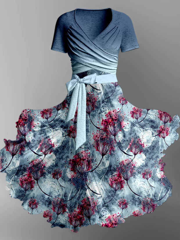 Floral Print Retro V-Neck Short Sleeve Two-Piece Midi Dress