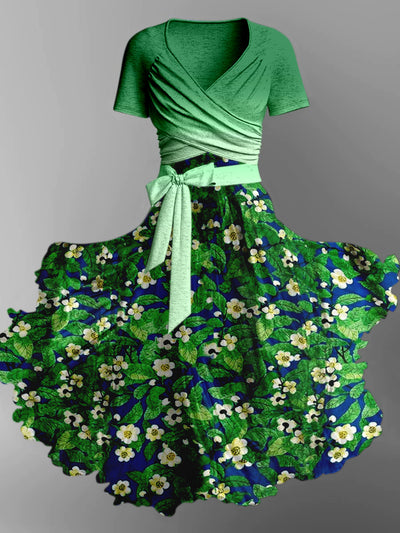Green Floral Print Vintage V-Neck Short Sleeve Two-Piece Midi Dress