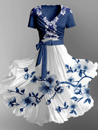 Blue Floral Print Vintage V-Neck Short Sleeve Two-Piece Midi Dress