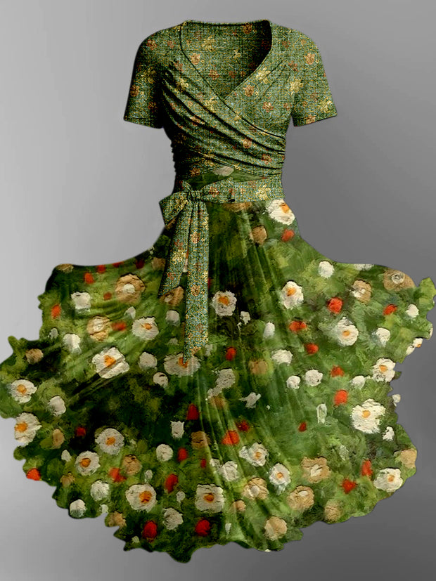 Green Floral Print Vintage V-Neck Short Sleeve Two-Piece Midi Dress